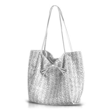 Imagem de Sacola de lantejoulas, bolsa de ombro de grande capacidade, bolsa de mão para mulheres, casamentos, formaturas, festas, viagens (prata), Prata, One Size