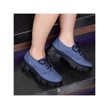 Imagem de Mocassim Jeans Feminino Tratorado cadarço Chunky Plataforma - Calçados