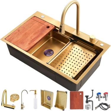 Imagem de Pia De Cozinha Em Aço Inoxidável Preto, Unidade De Pia De Cozinha Em Cascata Com Revestimento Nano, Pia De Cozinha De Tigela Única, Com Torneira Extraível De Enxág, Gold, 80x45x22cm