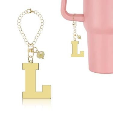 Imagem de Lukiisoo Corrente de garrafa de água dourada com pingente de cristal fofo, acessórios de pingente de letra para copo Stanley com alça, chaveiro inicial personalizado para carteira mochila e pingente