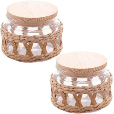 Imagem de Kit 2 Potes Herméticos Wolff Vidro 350ml Tampa Madeira Sisal