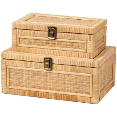 Imagem de VinneGenzz 2 peças caixa de vime com tampa decorativa natural feita à mão cestos boho cestos de bengala de vime trançado caixas de joias de memória caixas de joias retangular prateleira de mesa