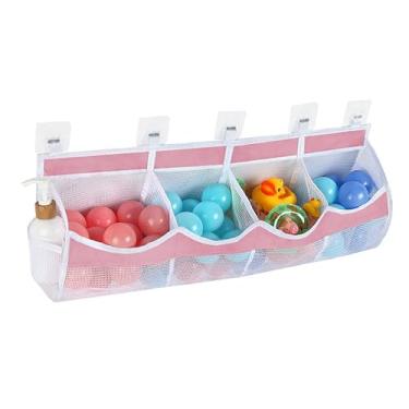 Imagem de GerdfeiTawtab Grande armazenamento de brinquedos de banho, organizador de brinquedos de banho de malha de secagem rápida com 4 compartimentos, 5 ganchos, fácil acesso e classificação, armazenamento de