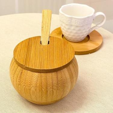 Imagem de Açucareiro De Bambu Pote de Condimentos em Bambu, Tampa com Colher, Capacidade 120ML, para Temperos e Açúcar