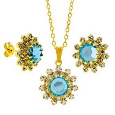 Imagem de Conjunto Girassol Gargantilha Brincos Aquamarine Banhado 18 K - KIT16407 Horus Import Feminino-Feminino