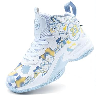 Imagem de Tênis de basquete masculino de cano alto com suporte de amortecimento de malha respirável e sola antiderrapante(White-grey-1,43 BR)