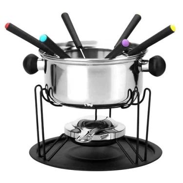 Imagem de Kit Fondue Completo 10 Peças em Aço Inox 1L, 6 Garfos Coloridos, Suporte e Queimador, Serve Até 6 pessoas por Porção. (CAT12136)