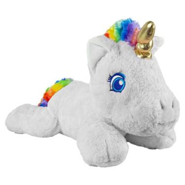 Imagem de Unicornio Gold Pelúcia Deitado 50 Cm Crina Arco-Íris Chifre Dourado Ma