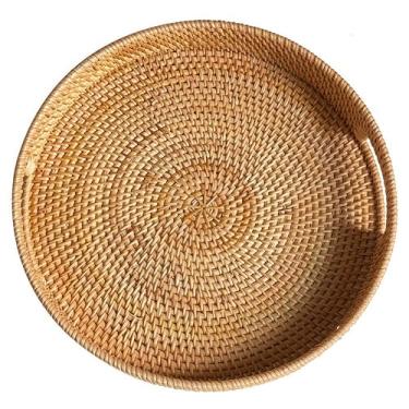 Imagem de Bandeja redonda de vime de 30 cm, bandeja de servir tecida à mão com alças, cesta de vime, bandeja decorativa para decoração de casa, natural