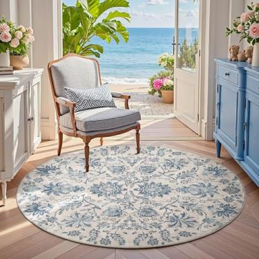 Imagem de jinchan Tapete redondo floral clássico de 1,2 m, design de inspiração vintage, tapete circular de 1,2 m, lavável na máquina, ultrafino, camada baixa, antiderrapante, para quarto, sala de jantar, sala