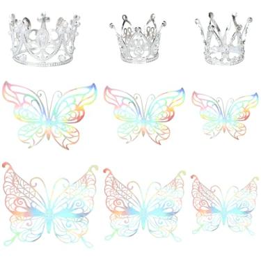 Imagem de Ephlyn Pacote com 9 topos de bolo com coroa mini tiara 3D ouro borboleta decoração vintage pérola strass coroa cupcakes topos para mulheres meninas casamento aniversário chá de bebê suprimentos de