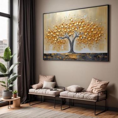 Imagem de Quadro com Moldura Sala Quarto Arvore Dourada Pintura Decorativo Horizontal Grande Hall