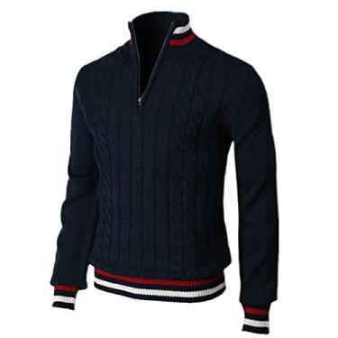 Imagem de Suéter Masculino Casual Zip Gola Stand-up Malhas Masculinas Boutique Cor Contraste Listrado Pulôver Masculino Manga Longa Temperamento Moda, D-navy, S