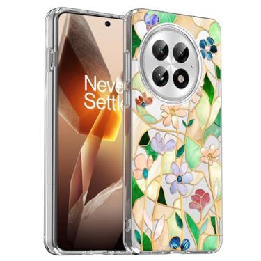 Imagem de Unov Capa compatível com OnePlus 13 5G transparente com vidro coado floral buquê de flores design feminino TPU macio absorção de choque fina padrão em relevo capa protetora traseira