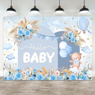 Imagem de ASDCXZ 2,1 x 1,5 m Hello Baby Pano de fundo azul dourado boho floral para chá de bebê para fotografia balão estrelas nuvens banner decorações bem-vindos recém-nascidos celebração festa retrato cabine