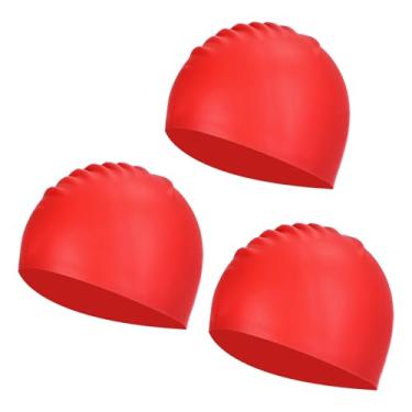 Imagem de YELARXI Touca de natação de silicone à prova d'água, confortável, antiderrapante, adequada para mulheres e homens, cabelo longo e curto adulto (3 peças, vermelho)