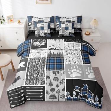 Imagem de Erosebridal Conjunto de edredom ocidental de 7 peças, cama king size em uma bolsa, conjunto de cama de caubói e cavalo urso, colcha xadrez azul royal, buffalo, quadriculado, rústico, famrhouse,