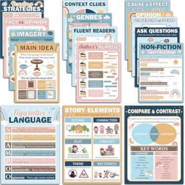 Imagem de Funrous Pôster Boho de Compreensão de Leitura de 16 peças para Estratégias de Leitura em Sala de Aula 40,6 x 30,5 cm Quadro de avisos de artes em inglês para decoração de parede de casa do ensino