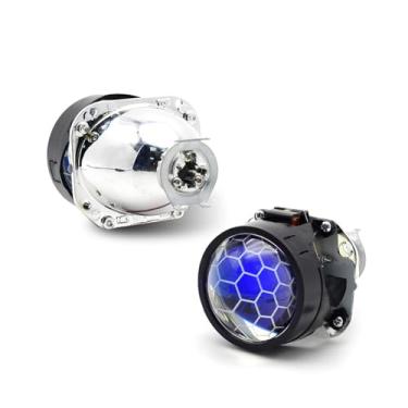 Imagem de YUFANYA Lente projetora de colmeia azul de 6,35 cm Bixenon Mini H1 Farol de carro com olhos de demônio vermelhos adequado para carro H4 H7 Retrofit de motocicleta