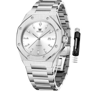 Imagem de OLEVS Relógio masculino para negócios, diamante, fácil leitura, analógico, luxuoso, data, aço inoxidável, à prova d'água, luminoso, relógio masculino, Prata 3613, 3613-silver, relógio masculino
