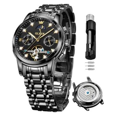 Imagem de OLEVS Relógios automáticos masculinos à prova d'água, luxuosos, com corda automática, esqueleto, turbilhão, fase da lua, aço inoxidável, luminoso, diamante, relógio de pulso masculino presente, Todo
