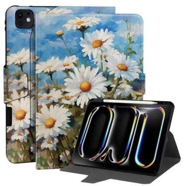 Imagem de Capa para iPad Pro 11 polegadas 2024 5ª geração (M4) - Suporte giratório com visualização em vários ângulos, suporta Pencil Pro e Pencil (USB-C), despertar/hibernar automaticamente, margarida branca