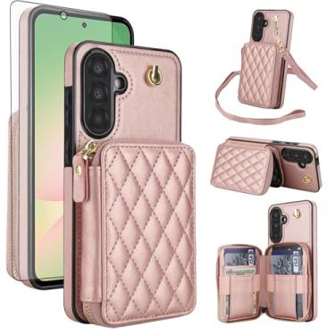 Imagem de Capa de celular para Samsung Galaxy A56 5G carteira de celular com protetor de tela de vidro temperado alça transversal de pulso suporte de bloqueio RFID compartimento para cartão de crédito A 56 56A