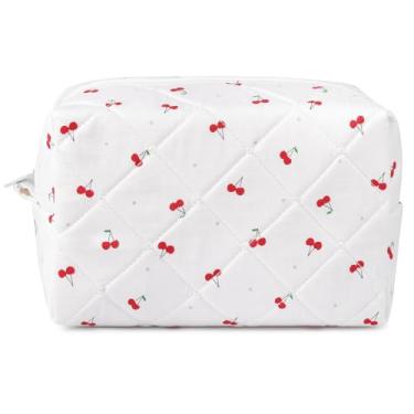 Imagem de SOIDRAM Bolsa de maquiagem acolchoada bolsa de cosméticos floral bolsa de maquiagem coquete bufante, Cereja, Large