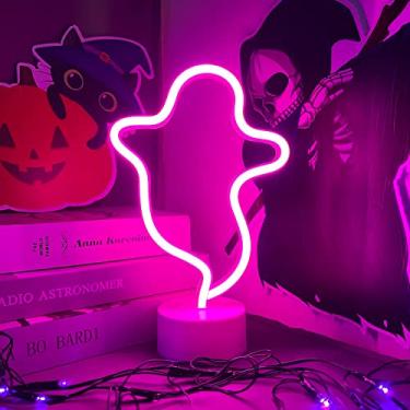 Imagem de Decoração de Halloween Sinal de néon fantasma com base, placa de luz LED de neon de fantasma de Halloween, lâmpada em forma de fantasma com bateria ou alimentado por USB para festa de Halloween, bar, decoração de quarto (rosa)