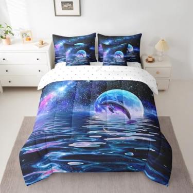 Imagem de Manfei Jogo de cama Queen com estampa de golfinho, galáxia estrelada, lua, 7 peças, para crianças, crianças, animais do oceano, poliéster, em uma bolsa, azul escuro, edredom para decoração de quarto