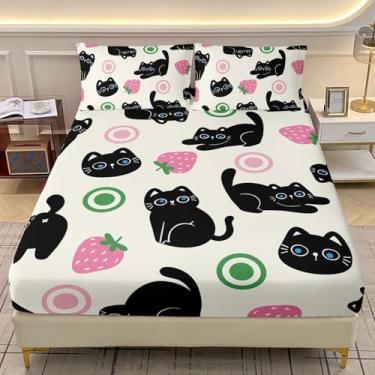 Imagem de AILONEN Jogo de lençol solteiro com desenho de gato preto, desenho kawaii gatinho miau para crianças, adolescentes, meninas, 1 lençol com elástico + 2 fronhas, 3 peças