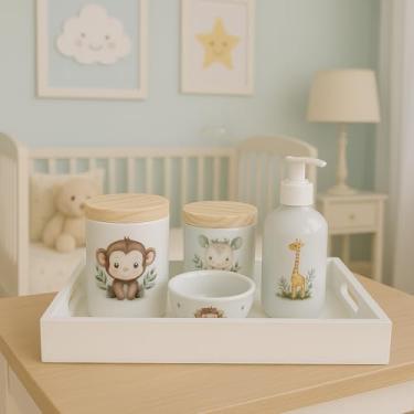 Imagem de Kit Higiene poá Bebê em Porcelana, Bandeja Branca, 4 Peças, Potes com Tampa de Madeira, Dispenser, Porta Algodão, Decorativo para Quarto Infantil (Safari)