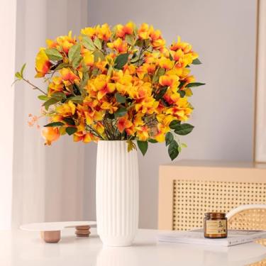Imagem de Flores artificiais de seda de outono de 76 cm, resistente a UV, pacote com 6 peças, caules de flores falsas de outono, buganvílias laranja falsas para decoração de casamento, varanda, casa, festa e
