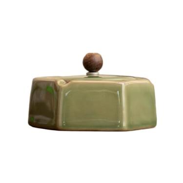 Imagem de Cinzeiro portátil com tampa cerâmica poligonal para sala de estar, escritório, mesa de café, ornamentos de mesa de café, conjuntos de cinzeiros (verde)