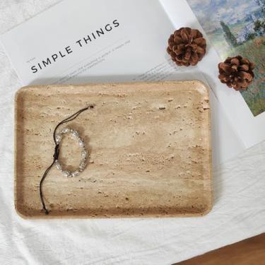 Imagem de Bandeja decorativa de mármore, pedra de mármore natural roxo-vermelha, organizador de vaidade para banheiro, cozinha, sala de estar (travertino bege)