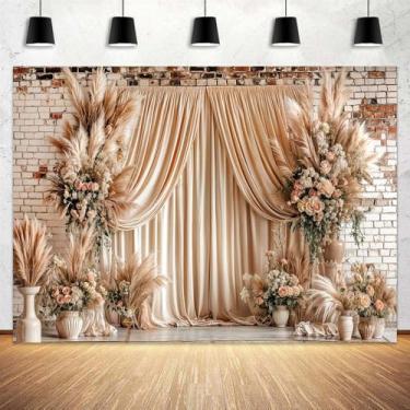 Imagem de Pano de fundo de parede floral boho de 2,5 x 1,8 m para fotografia de fundo de parede bege vintage para festas de casamento, aniversário de meninas, capina, chá de panela, floral, decoração de