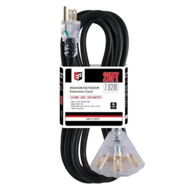 Imagem de EP Cabo de extensão externo iluminado de 6 m com 3 tomadas elétricas – Cabo de extensão preto resistente SJTW 12/3 com plugue aterrado de 3 pinos para segurança, listado na UL