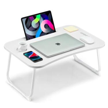 Imagem de VIFOCAE Mesa de colo dobrável, mesa para laptop, mesa de colo portátil, mesa de cama para laptop com suporte de copo e compartimento para tablet e alça de elevação para trabalhar, escrever, desenhar e