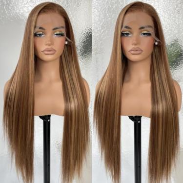 Imagem de BlackSwern 33 x 15 cm Loiro mel Sunkissed Highlights Lace Frontal Peruca HD Sem Cola Sintética Lisa Pré-Arrancada Pronto para Usar Densidade 200 81 cm #4/27 Destaques Sunkissed