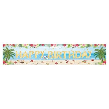 Imagem de Faixa Hawaiian Happy Birthday, 250x50 cm Luau Tropical Decoração para Festa Aniversário Tema Princesa do Oceano Cenário Festa de Verão na Praia Artigos para Chá de Bebé