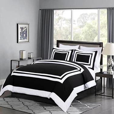 Imagem de Chezmoi Collection Wyatt Conjunto de edredom de cama de casal em uma bolsa de 7 peças - Jogo de cama estilo hotel com jogo de cama - padrão quadrado preto/branco