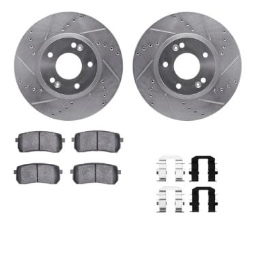 Imagem de R1 Concepts Conjunto de rotor de freio a disco prateado perfurado e ranhurado com pastilhas de cerâmica e ferragens traseiras 2007-2012 Hyundai Veracruz