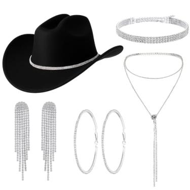 Imagem de Misdary Conjunto de joias femininas com glitter, cowgirl, chapéu preto, strass, traje de cowboy para festa de despedida de solteira