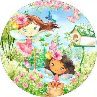 Imagem de Painel de Lona Redondo Meninas Fadas e Flores Jardim Aquarela - Fabrik
