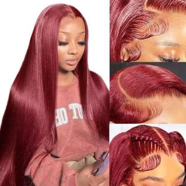 Imagem de Peruca Fiumer Burgundy 99J, cabelo humano vermelho, 32 polegadas, 13x6