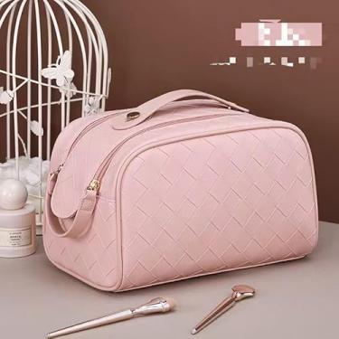 Imagem de SIHIMESOLFVE Imagens do produto Bolsa de maquiagem portátil de poliuretano com grande capacidade, sensação de alta qualidade, estilo Instagram, bolsa de armazenamento de maquiagem de nicho, rosa