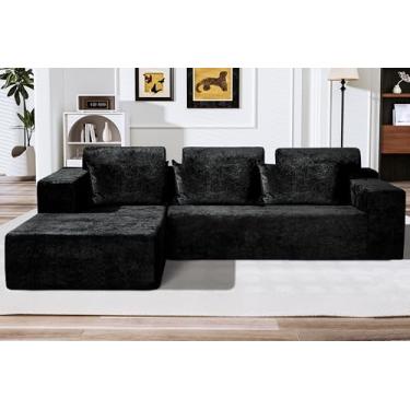 Imagem de HABUTWAY Sofá secional modular em forma de L de 266 cm para sala de estar, sem necessidade de montagem, sofá modular confortável com assento profundo para sala de estar quarto, veludo envelhecido de