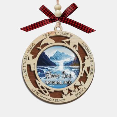 Imagem de Enfeite de Natal do Parque Nacional Glacier Bay, design de corte a laser de madeira de 2 camadas, decoração de árvore de férias, presente de lembrança de viagem, geleiras Tidewater e memória da vida