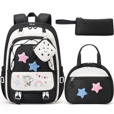 Imagem de Fimibuke Mochila infantil para meninas, 4 peças, impermeável, para meninas adolescentes, com lancheira, estojo de lápis e conjunto de bolsa de fone de ouvido, Preto, Casual