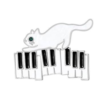 Imagem de Broche de lapela de piano de gato fofo para mulheres homens meninas - olho de cristal verde gatinho animal broches musicais vestido chapéu mochila pano decoração pinos esmalte moda joias para amantes